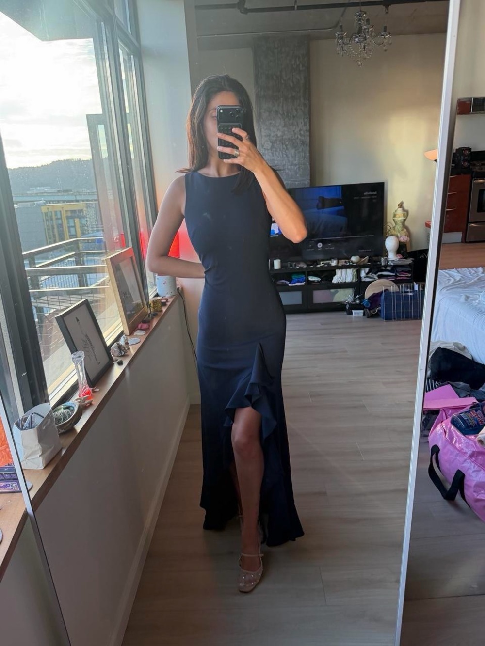 Calvin Klein Blue Sleeveless Mermaid Gown with Front Ruffle Slit